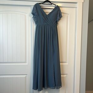 Slate Blue Azazie Bridesmaids Dress. V neck, lace shoulders. Cups built in.